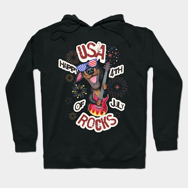 Fun Doxie Dog playing guitar on USA Rocks Happy 4th of July tee Hoodie by Danny Gordon Art